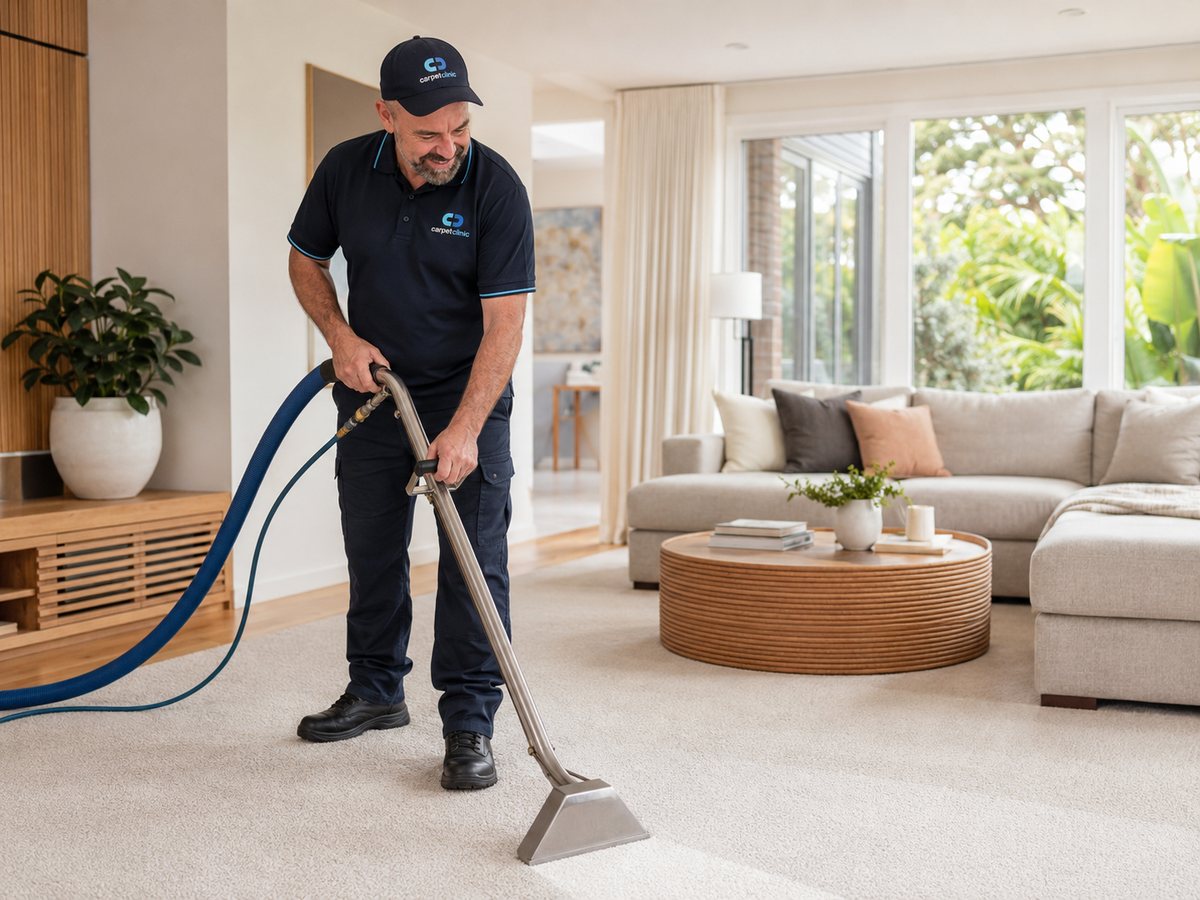 Adam Davidson, owner of Carpet Clinic - Cleaner Carpets, Healthier Spaces, cleaning carpet with hot-water extraction equipment.