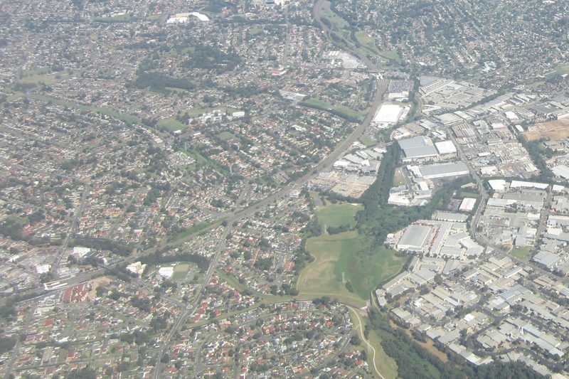 Aerial view over the residential streets and reserves of the Blacktown area around Acacia Gardens
