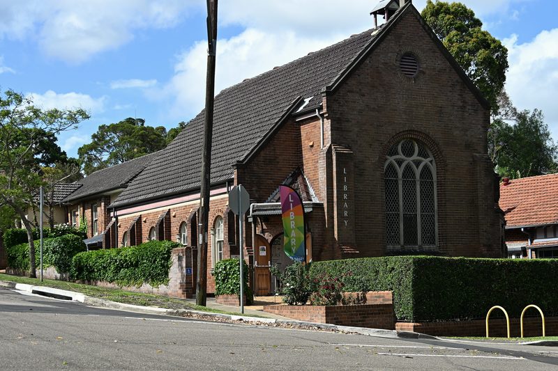 Artarmon Library, a former Presbyterian church, on the corner in Artarmon