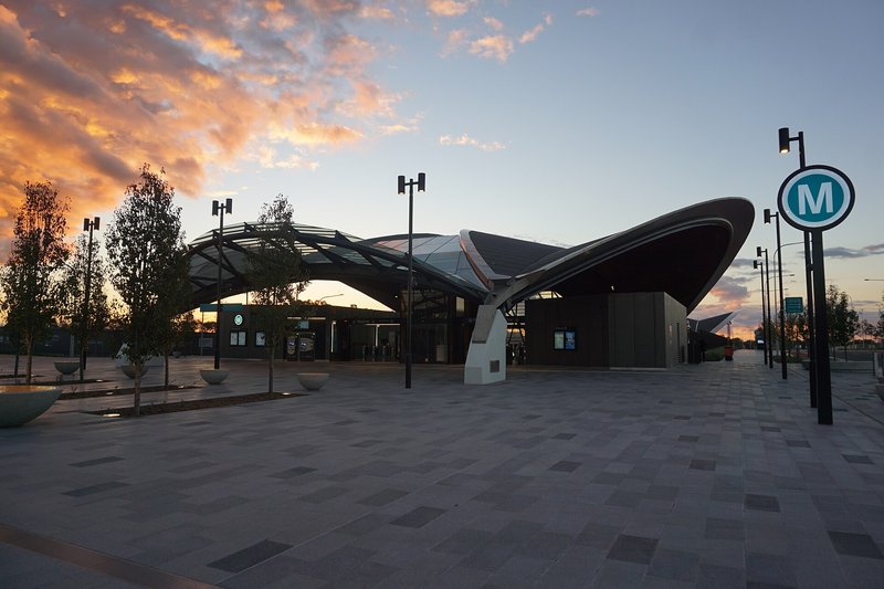Bella Vista Metro station and forecourt at dusk