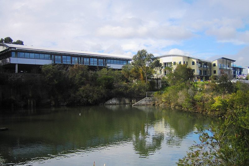 Buildings above the water at Austlink Business Park, Belrose, with bushland on the banks