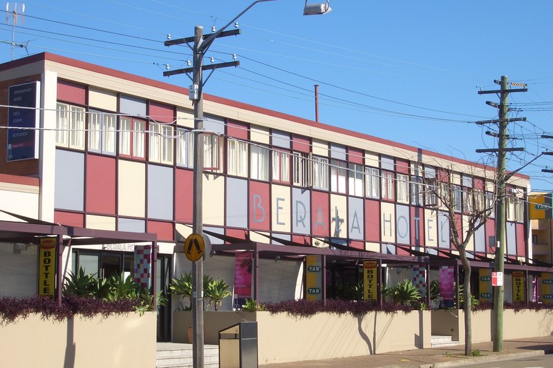 The Berala Hotel on Woodburn Road, a two storey mid-century building on the shopping strip