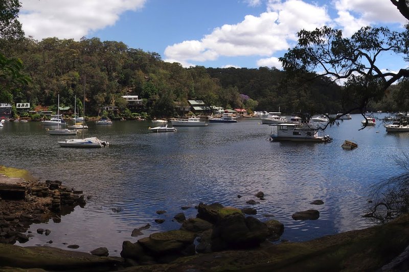 Boats moored on Berowra Creek at Berowra Waters, with bushland rising on both banks
