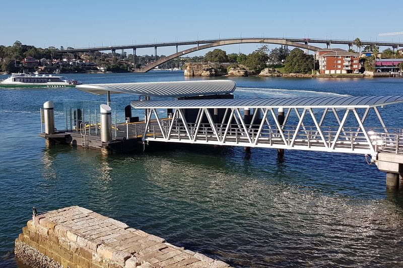 Chiswick ferry wharf on the Parramatta River, with the Gladesville Bridge beyond
