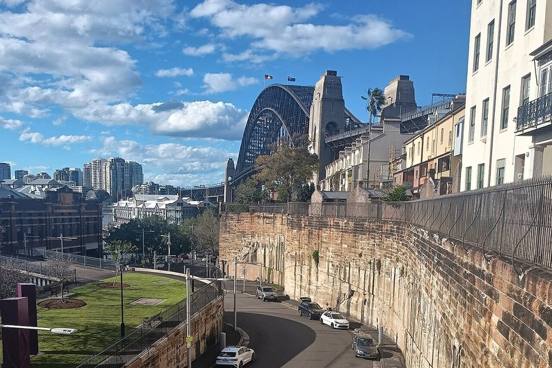 Cut sandstone walls along the road below the Harbour Bridge at Dawes Point