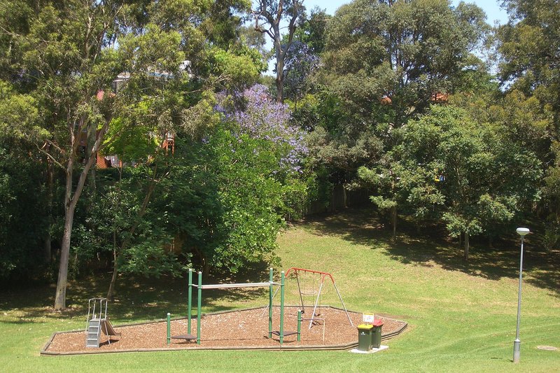 The playground at West Denistone Park, with a jacaranda in flower behind