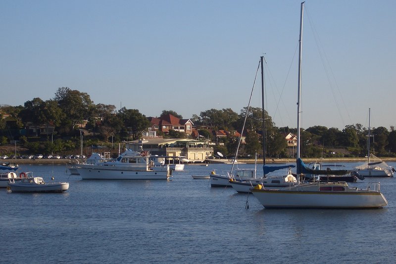 Yachts moored off the wooded point at Dobroyd Point, with tiled rooftops above the shore