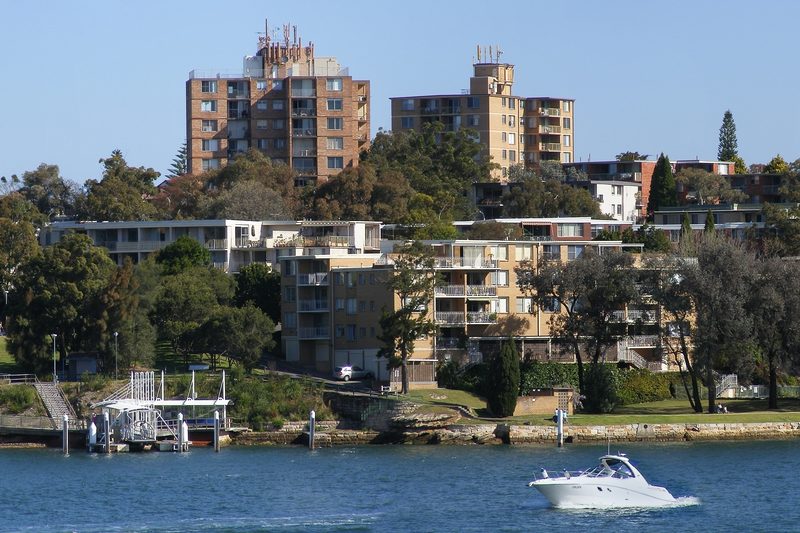 Apartment buildings on the waterfront at Five Dock, seen from the water