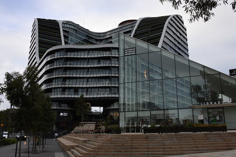 Green Square Library and the curved Infinity apartment building above the town centre plaza