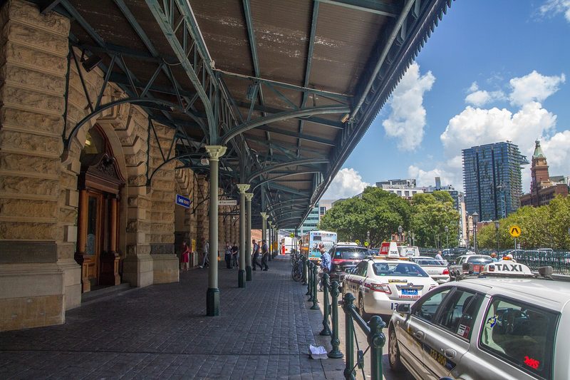 The sandstone frontage and iron awning of Central station, Haymarket