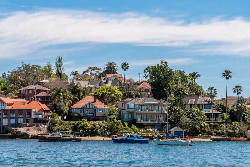 Waterfront homes on the Huntleys Point peninsula, seen across the Parramatta River