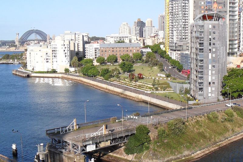 Apartment buildings and waterfront parkland at Jacksons Landing on the Pyrmont peninsula