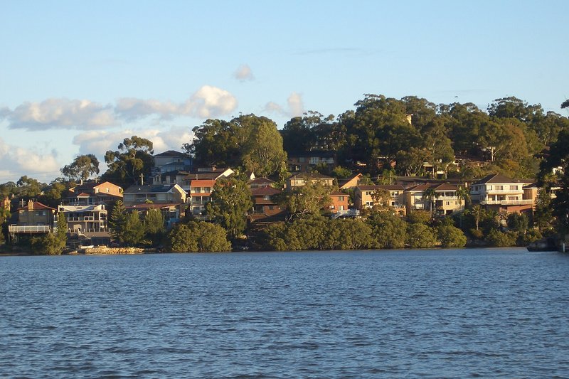 Houses stepping down a bushy hillside to the Georges River at Kareela