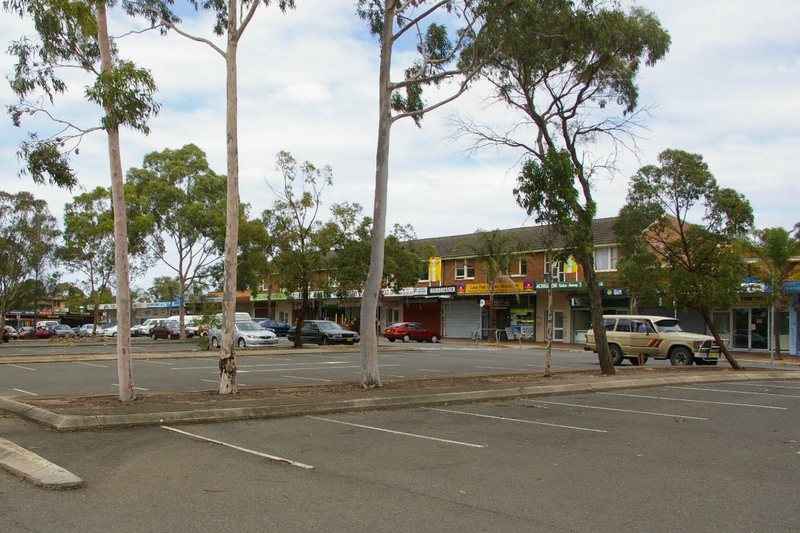 The Freeman Street shops at Lalor Park, a low brick shopping row behind a gum-lined carpark