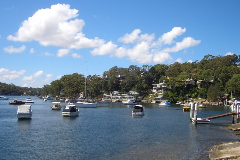 Moored boats off Lilli Pilli, with houses set among the trees on the wooded shore