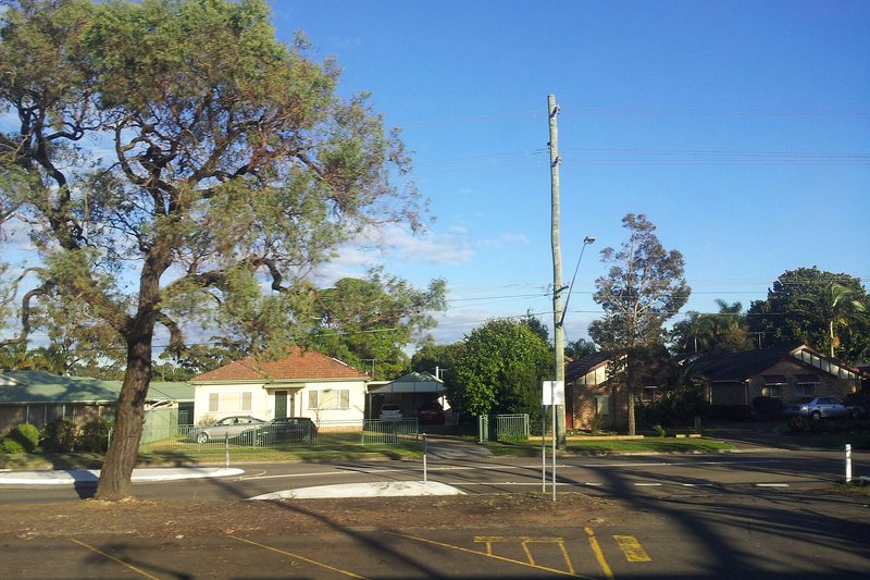 A street corner in Loftus with single-storey brick homes and mature gums