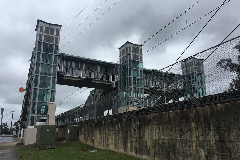 Marayong railway station, with its lift towers and overbridge above the platforms