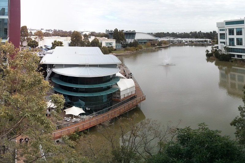 Norwest Lake with the boardwalk and office buildings around it