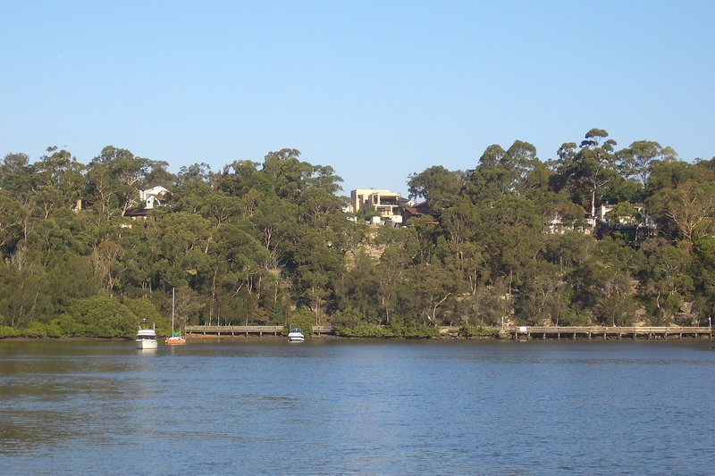 Boats moored off the wooded Georges River shoreline at Picnic Point, with houses above the treeline