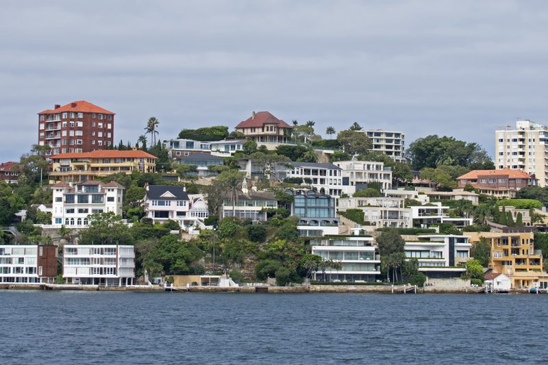 Waterfront homes and apartments on the Point Piper peninsula, seen from the water