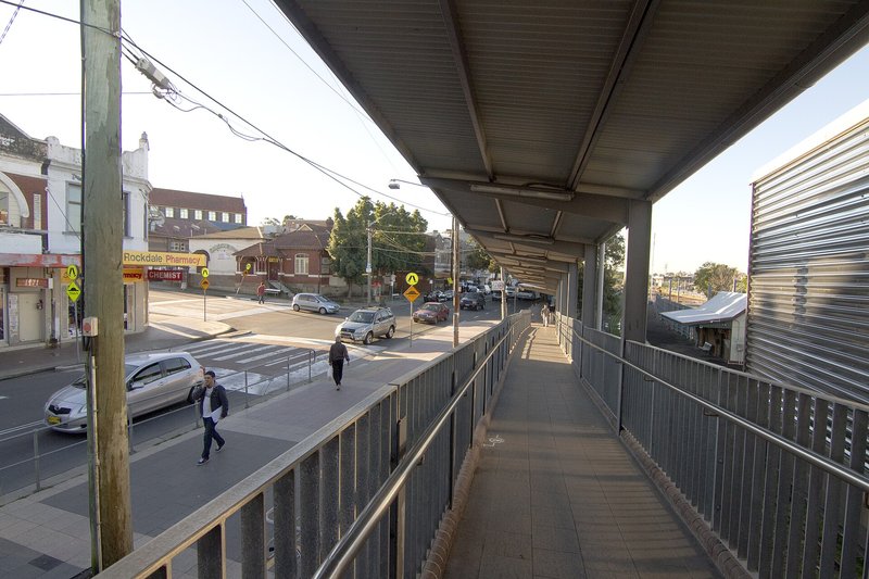 The station ramp and shopfronts on the Princes Highway at Rockdale