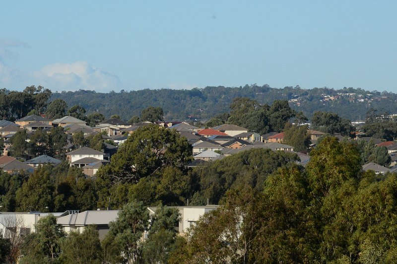 Estate rooftops among gum trees at Rouse Hill, with newer apartments on the ridge