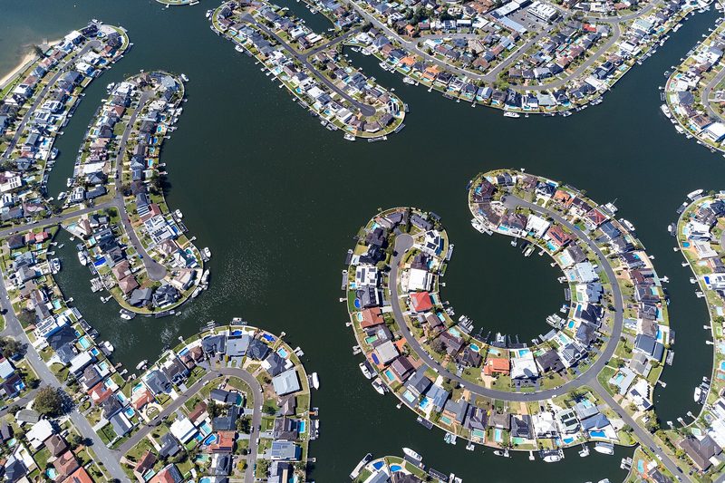 The canals and waterfront houses of Sylvania Waters from directly above