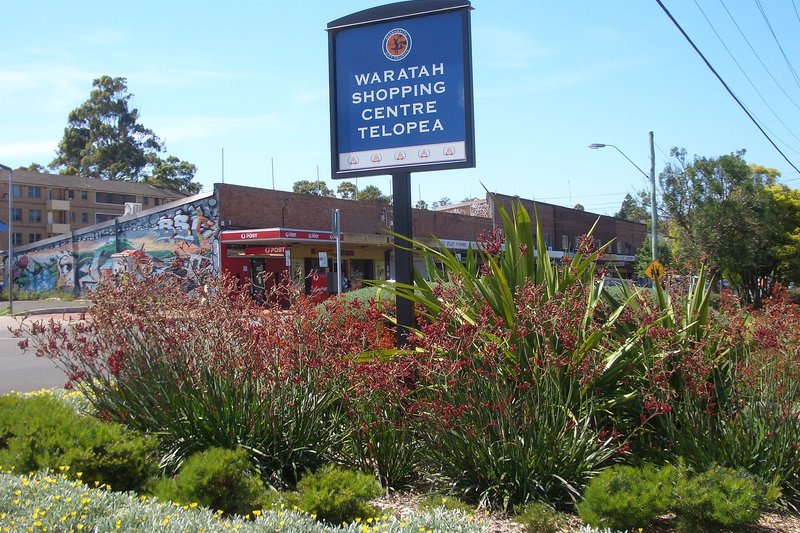 The Waratah shopping centre at Telopea, with native planting in the foreground