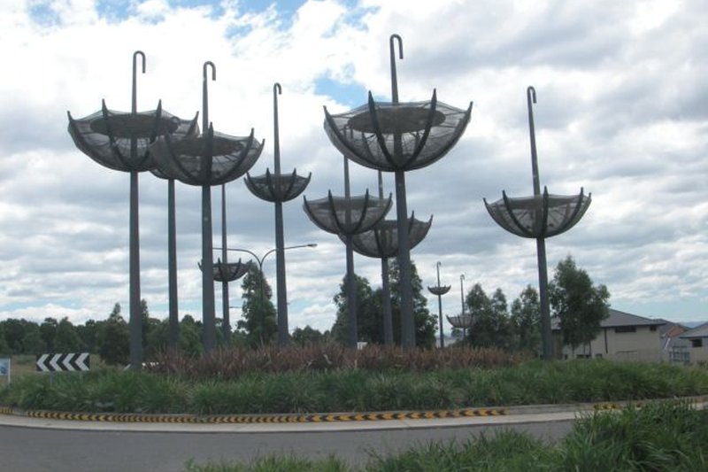 The Float, a group of sculpted umbrellas on the Stanhope Parkway roundabout at The Ponds