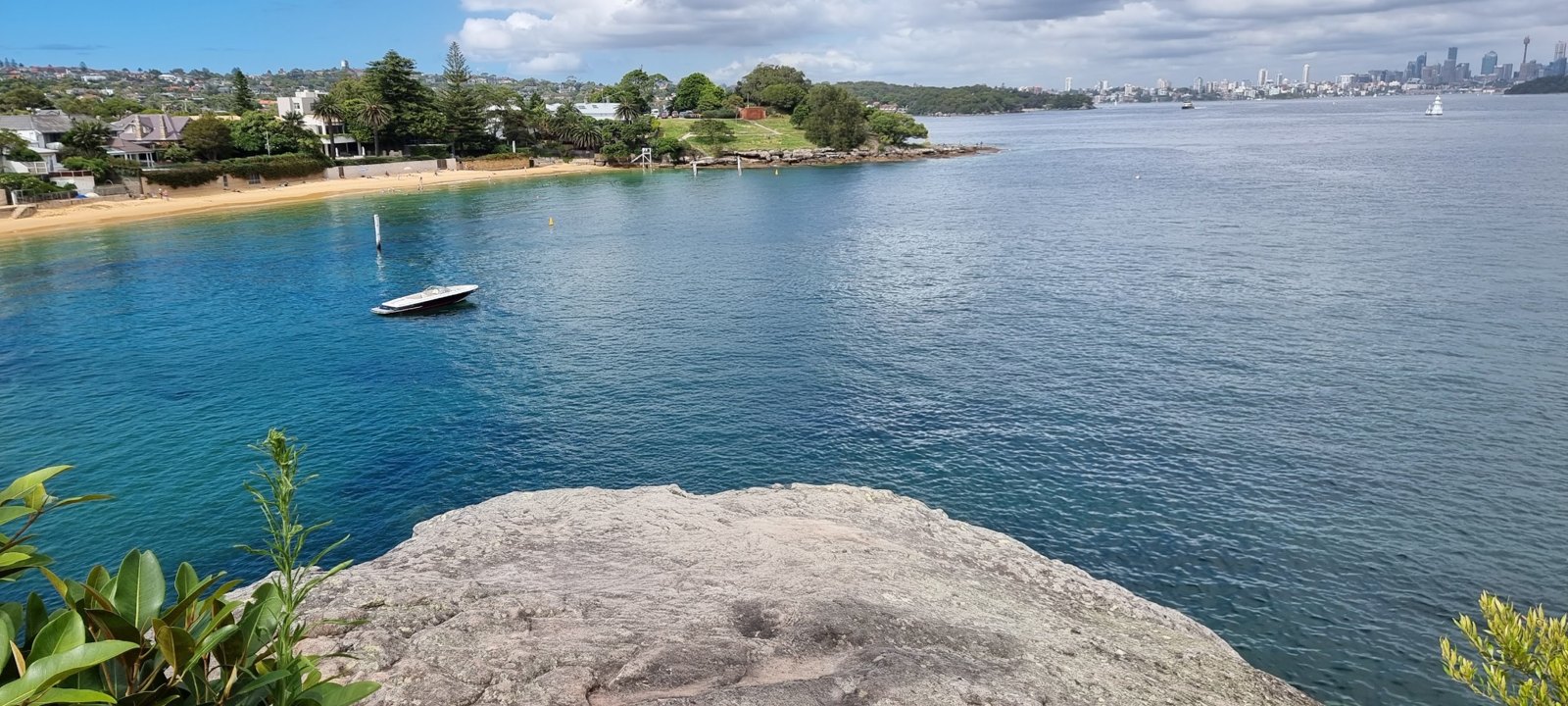 View across Camp Cove beach and Sydney Harbour towards the city skyline from the South Head walking track.