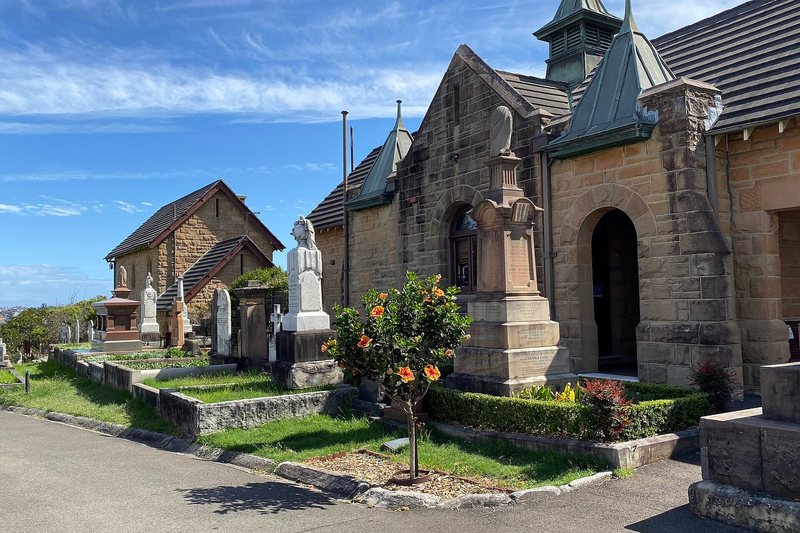 Sandstone chapel buildings and monuments at Waverley Cemetery