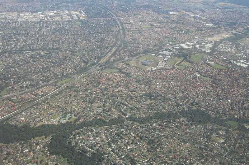 Aerial view over the Blacktown area, showing the suburban streets and reserves around Woodcroft