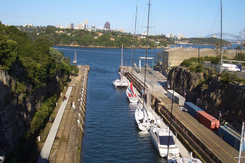 Woolwich Dock at the junction of the Parramatta and Lane Cove Rivers, with the city skyline behind
