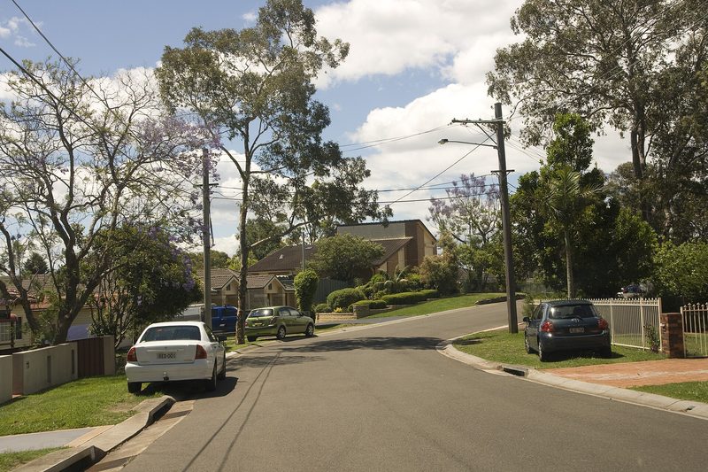 Sladden Road at Yarrawarrah, brick homes and jacarandas along a quiet residential street