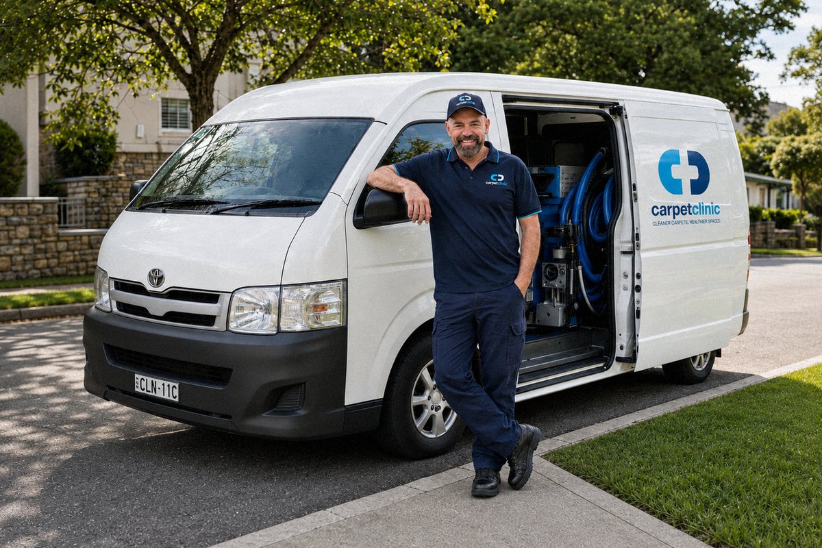Adam Davidson beside his Carpet Clinic - Cleaner Carpets, Healthier Spaces van, with carpet-cleaning equipment visible through the open side door.